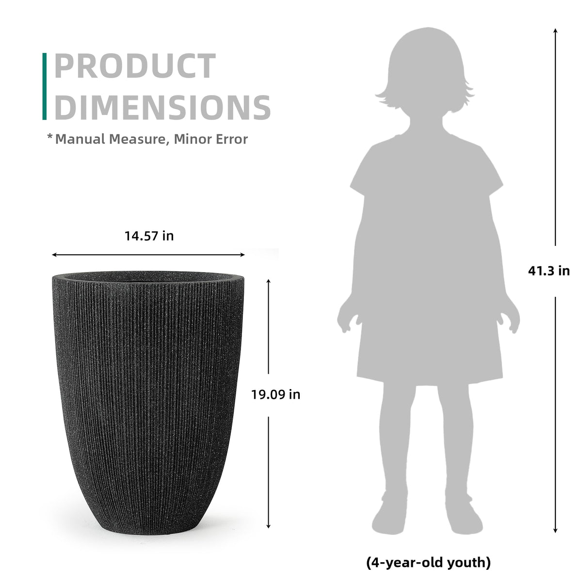 Ultym 2 Pack 19" Tall Black Fluted Concrete-Look Resin Planters, Large Round UV-Resistant Flower Pots for Indoor Outdoor Plants, Decorative Ribbed Planters for Garden Patio Porch Home Office