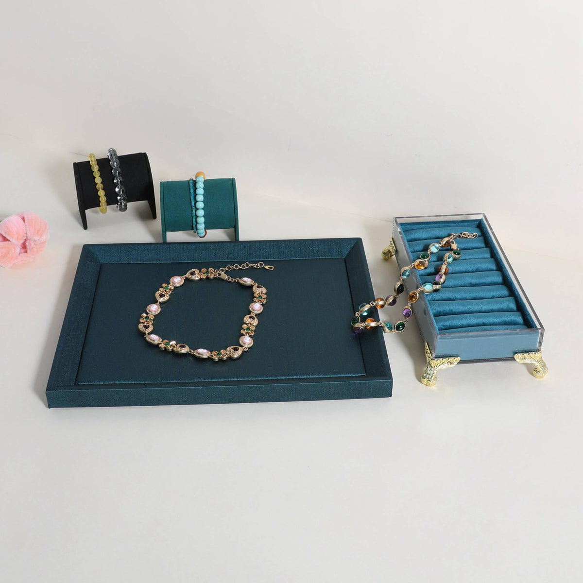 GemeShou Gemehou faux PU leather Jewelry Viewing Tray, Stackable Jewelry Plate, Rectangle Jewelry showcase, Empty Jewelry tray for Necklace Bracelet Ring Earring Watch (Green-Medium, 11.8 x 9.1 in)