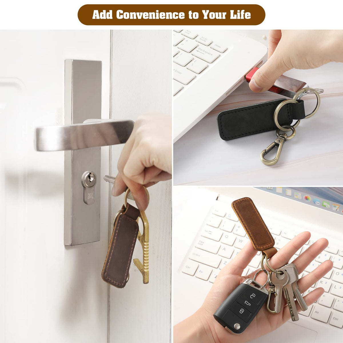 Jack&Chris Genuine Leather Car Keychain, Universal Key Fob Keychain, Leather Key Chain Holder for Men and Women, 2 Keyrings and Carabiner Clip, JC306-Black