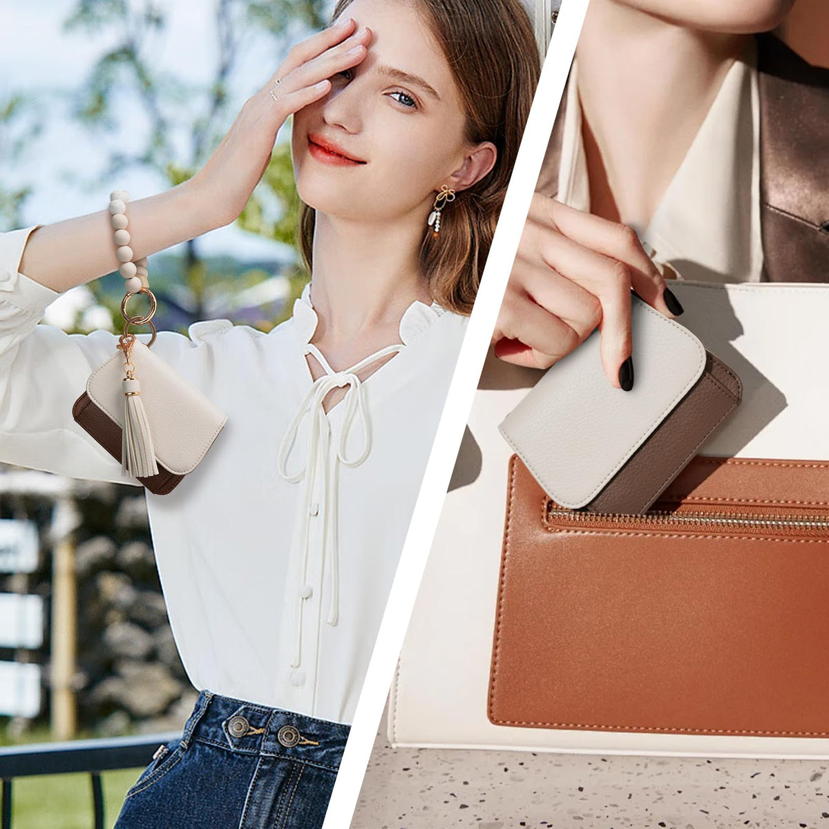 Sunpour Keychain Wallet RFID Wristlet Wallets for Women,Small Wallets Woman Key Chain Wallet with Coin Pocket and Id Window (Beige&Brown)