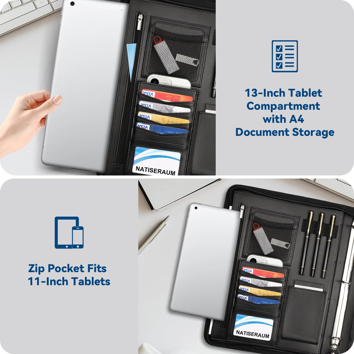 NATISERAUM Portfolio Binder 3 Ring Includes Pen and 5 Dividers with 10 Pockets, Padfolio Organizer with Zipper for Men and Women, Includes A4 Notepad for Business, School, Work