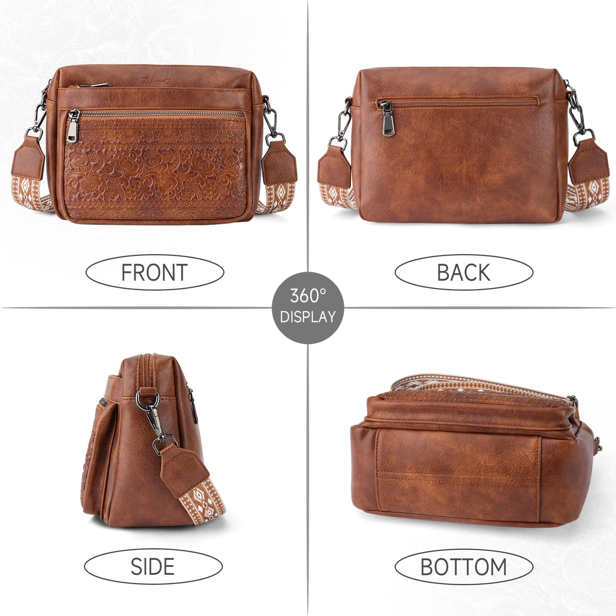 VIMUTI Crossbody Bags for Women Trendy,Leather Crossbody Purses Embossed Design,Multi Pocket Lightweight Shoulder Handbag (01-Brown)