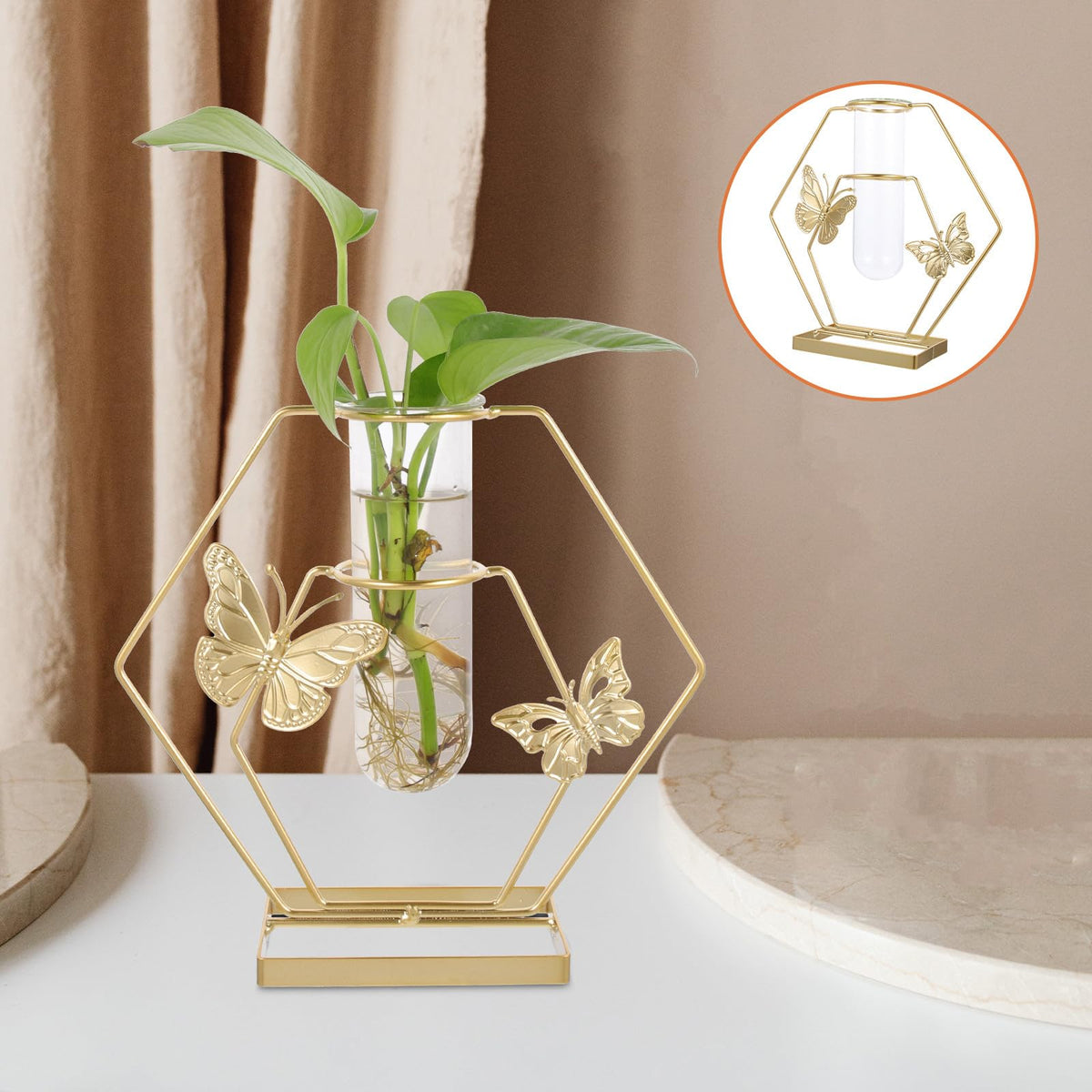 BESPORTBLE Hydroponic Glass Vase with Butterfly Pattern, Hexagonal Decorative Flower Holder, Metal Frame Plant Terrarium for Home and Living Room Table Décor
