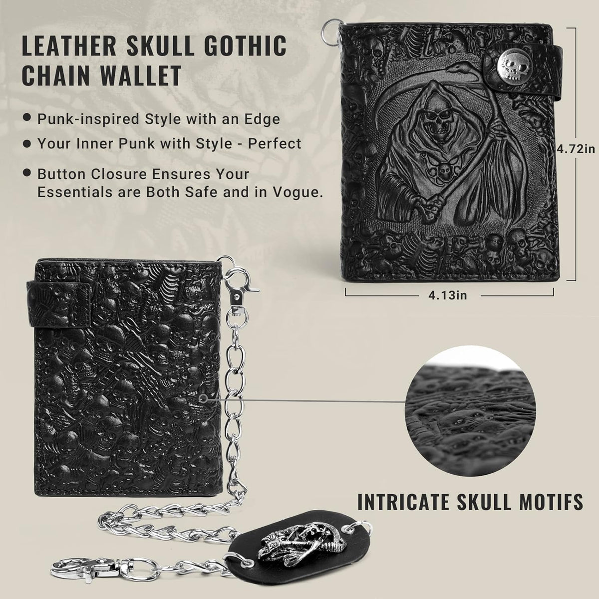 ZEKEE Skull Gothic Chain Wallet Leather - Punk Bifold Halloween Goth Accessories | Unisex, Black