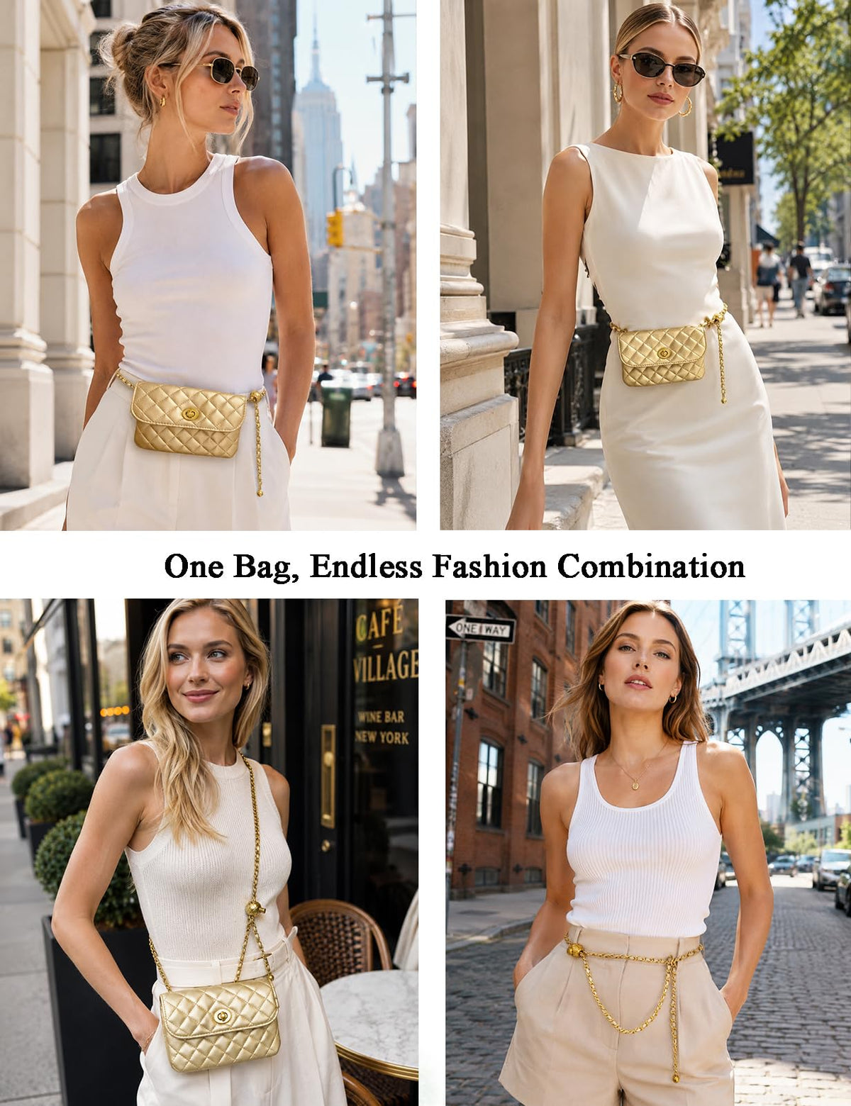 BEMYLV Leather Chain Belt Bag for Women Gold Crossbody Phone Purse Adjustable Fanny Pack Fashion Waist Purse Evening Clutch Detachable Mini Handbag