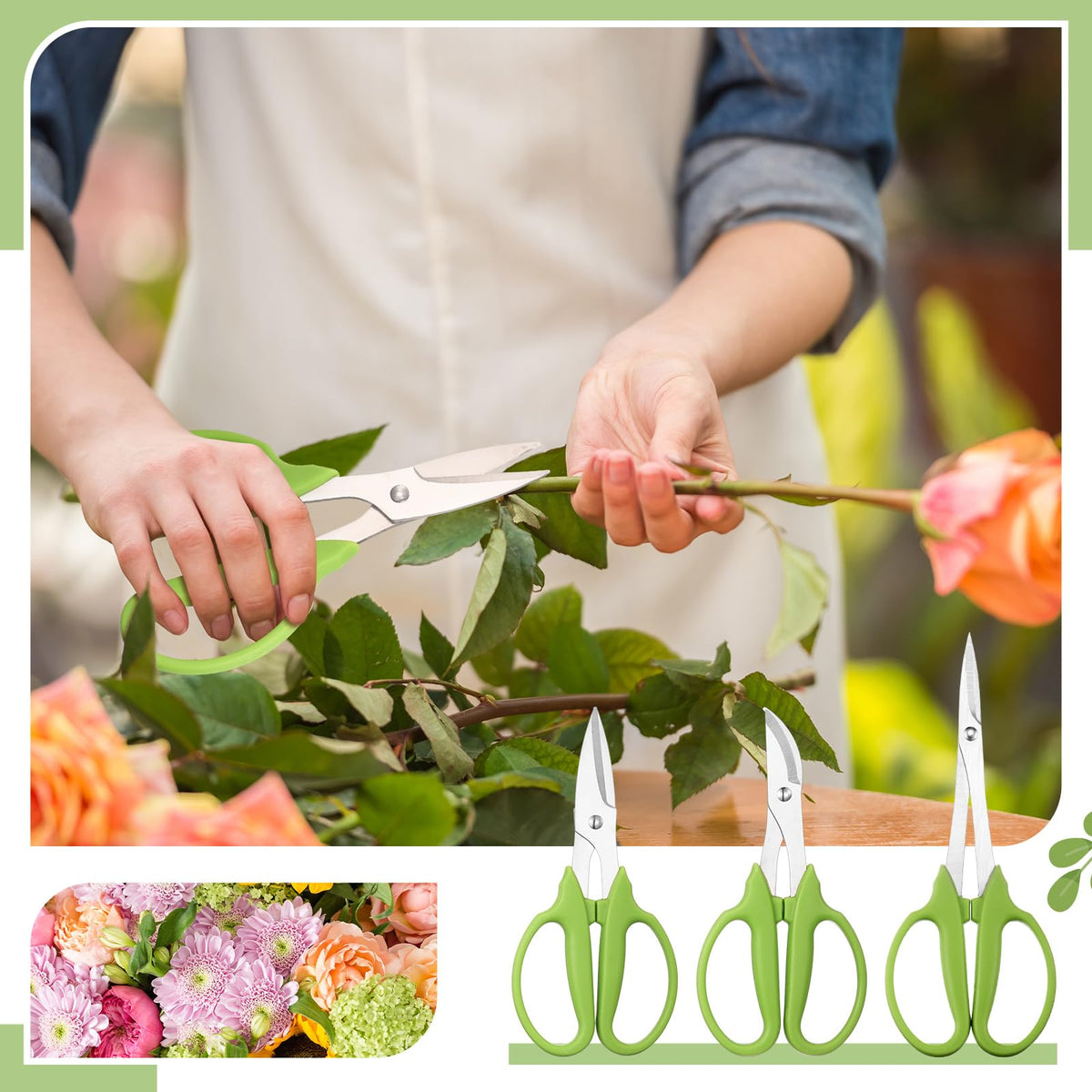 Lanties 3 Pcs Garden Scissors Shears Trimming Scissors Pruning Floral Shears for Herb Flowers Plants with Straight and Curved Blade for Gardening (Curved,Straght,Bud)