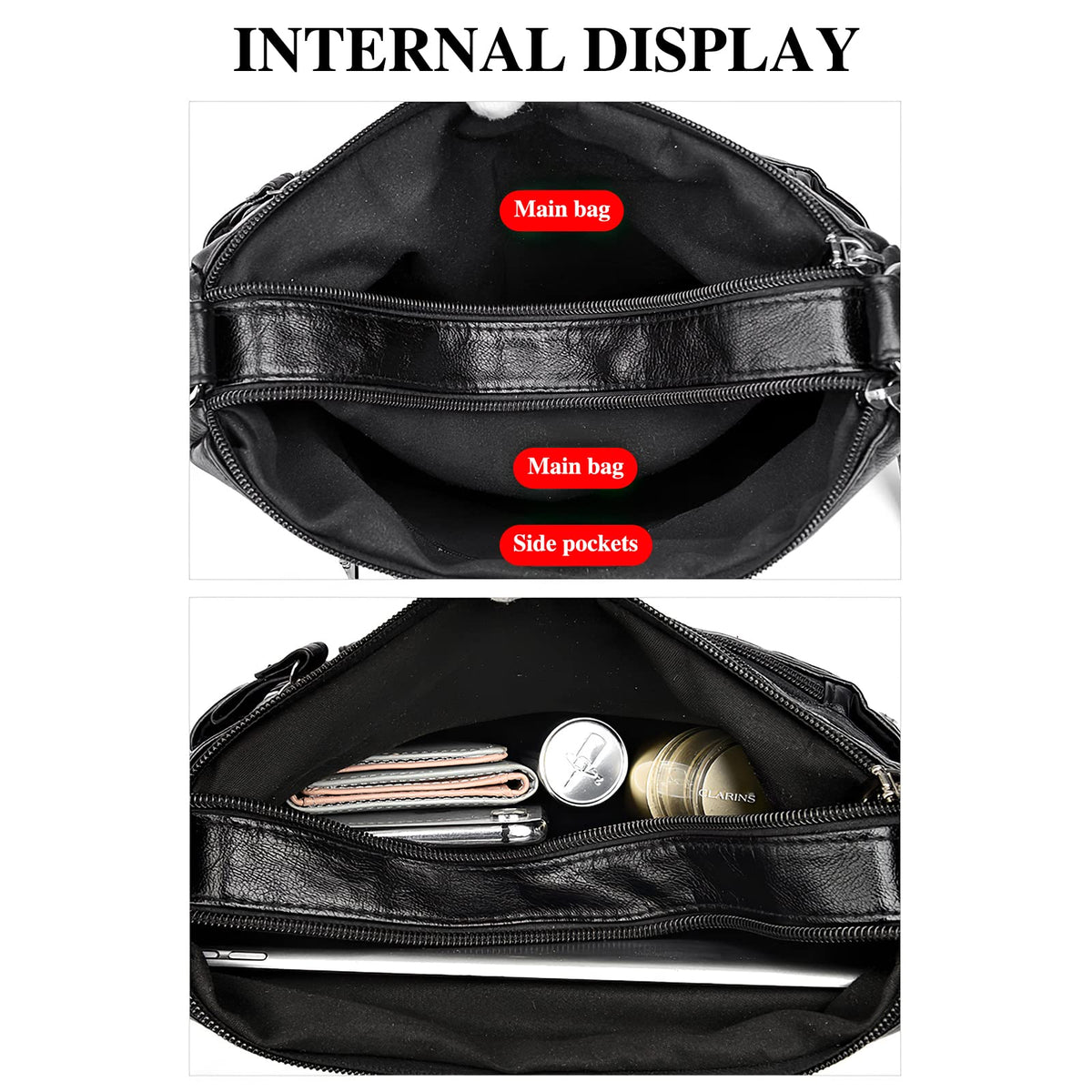 WITERY Small Crossboby Bag for Women - Soft PU Leather Purses Multi-Pocket Shoulder Bag Handbag with Adjustable Strap, Vintage Ladies Medium Roomy Travel Purses Zipper Hobo Totes (Black)
