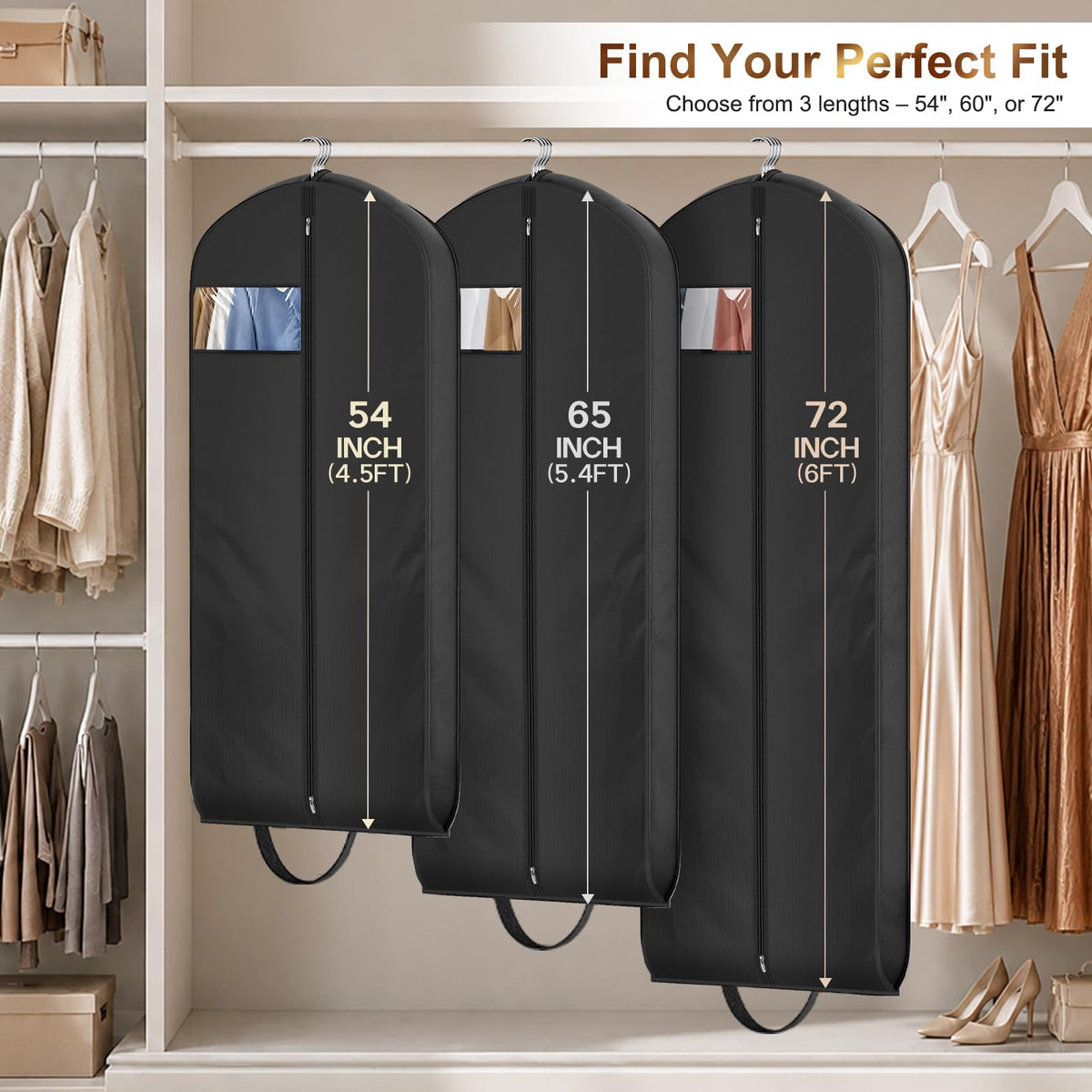 MISSLO 72" Wedding Dress Garment Bag for Travel Waterproof Dress Bags for Gowns Long 4" Gusseted Dresses Protector Bag for Closet Storage Clothing Covers for Hanging Clothes, Black
