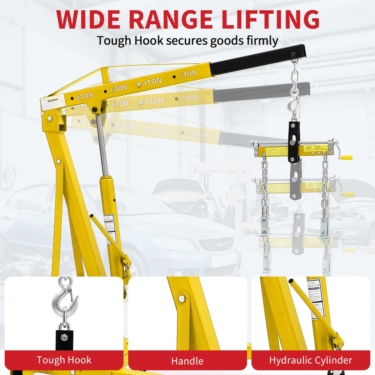Garvee 2 Ton Folding Hydraulic Engine Hoist with Load Leveler 4400 LBS Capacity Heavy Duty Cherry Picker 6 Swivel Wheels&Hydraulic Pump Adjustable Boom (0.5T-2T) for Garage Workshop Warehouse Yellow