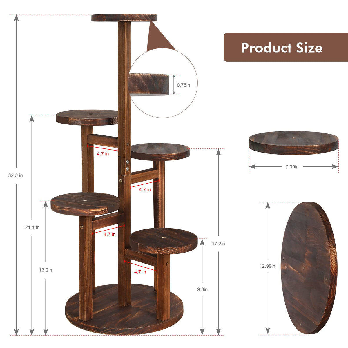 Jotboom 5 Tier Plant Stand Indoor, Tall Wood Corner Plant Shelf for Multiple Plants, Multi-tiered Flower Pot Holder Display Rack for Living Room, Balcony, Patio (Carbonized Brown)