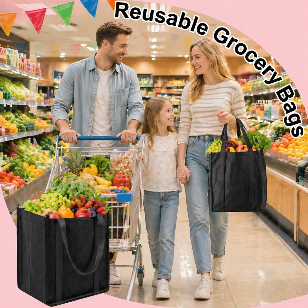 Enjamyo 10 Pcs Reusable Grocery Bags, Large Shopping Bag with Reinforced Handles, Heavy Duty Washable Foldable Bag, Grocery Bags(Black)