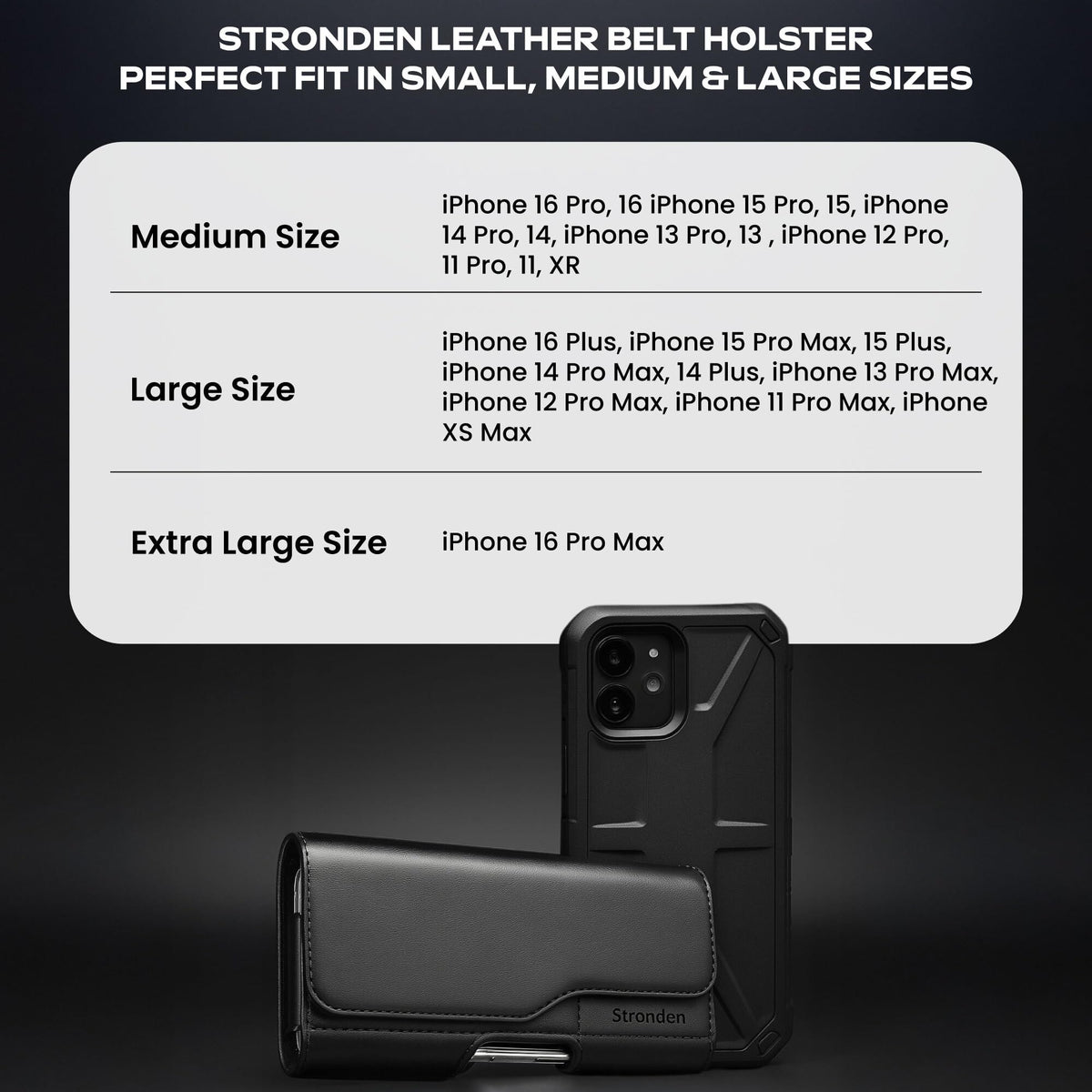 Stronden Magnetic Closure Holster for iPhone 17 Pro, 17e, 17, 16 Pro, 16e, 16, 15 Pro, 15, 14 Pro, 14, 13 Pro, 13, 12 Pro, 12, 11, XR - Leather Belt Case Pouch (Fits Slim/Regular Case on)