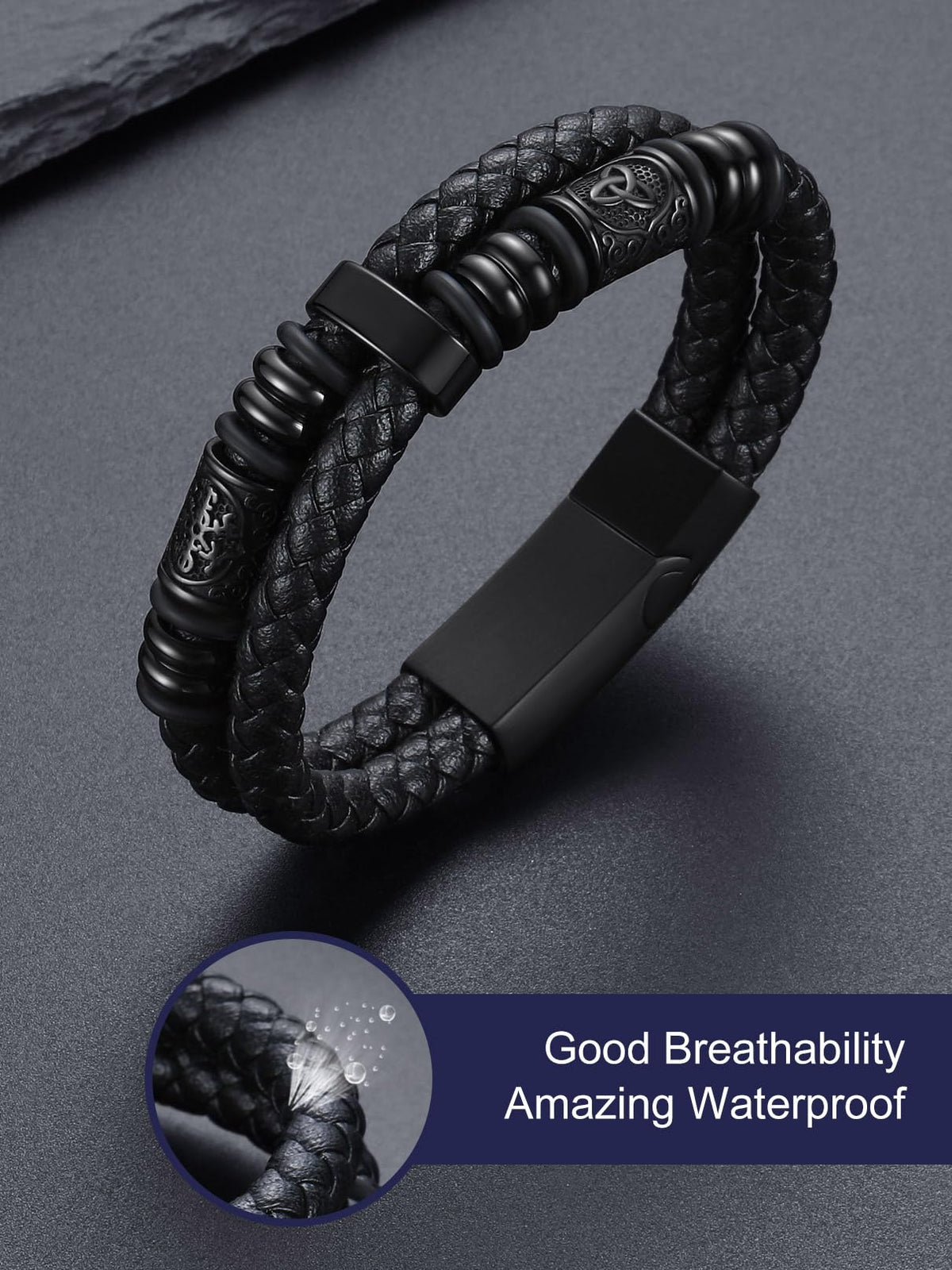 Bandmax Black Leather Viking Nordic Bracelet for Men 8.26 Inch Celtic Knot Beaded Wristband Bracelets Norse Style Men's Wrist Jewelry Gift for Son Husband Father Christmas Birthday Father's Day
