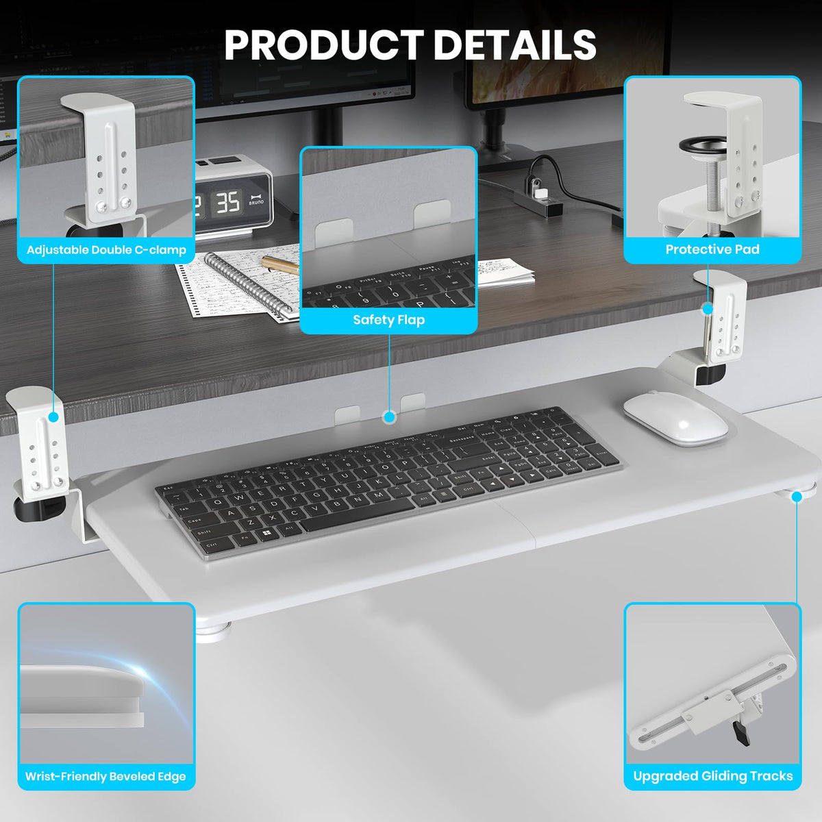 Keyboard Tray Under Desk, Pull Out Keyboard & Mouse Tray with Adjustable C-clamp, 25.6(31.5 Including Clamps) x 11.8 Inch Slide Out Computer Keyboard Drawer Mouse Tray for Typing,White