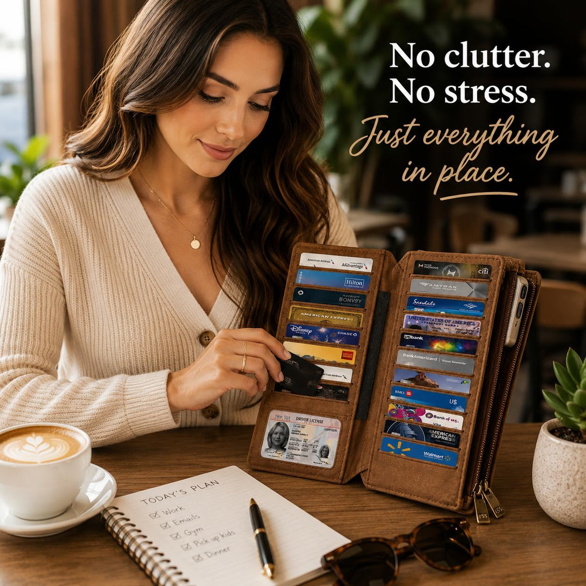 ESS RFID Blocking Leather Wallet for Women Slim Bifold Card Holder – Double Zipper Money Organizer with 43 Card Slots, Passport Pocket, iPhone Storage, ID Window, Travel Wallet Brown