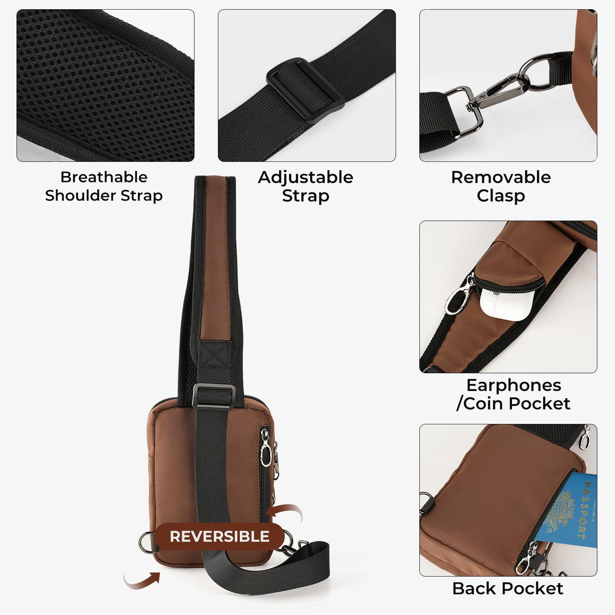 BROADREAM Sling Bag, Crossbody Bag with Anti-Theft Lock Zipper, RFID Blocking & Water Resistant for Travel Work Sport (Brown)