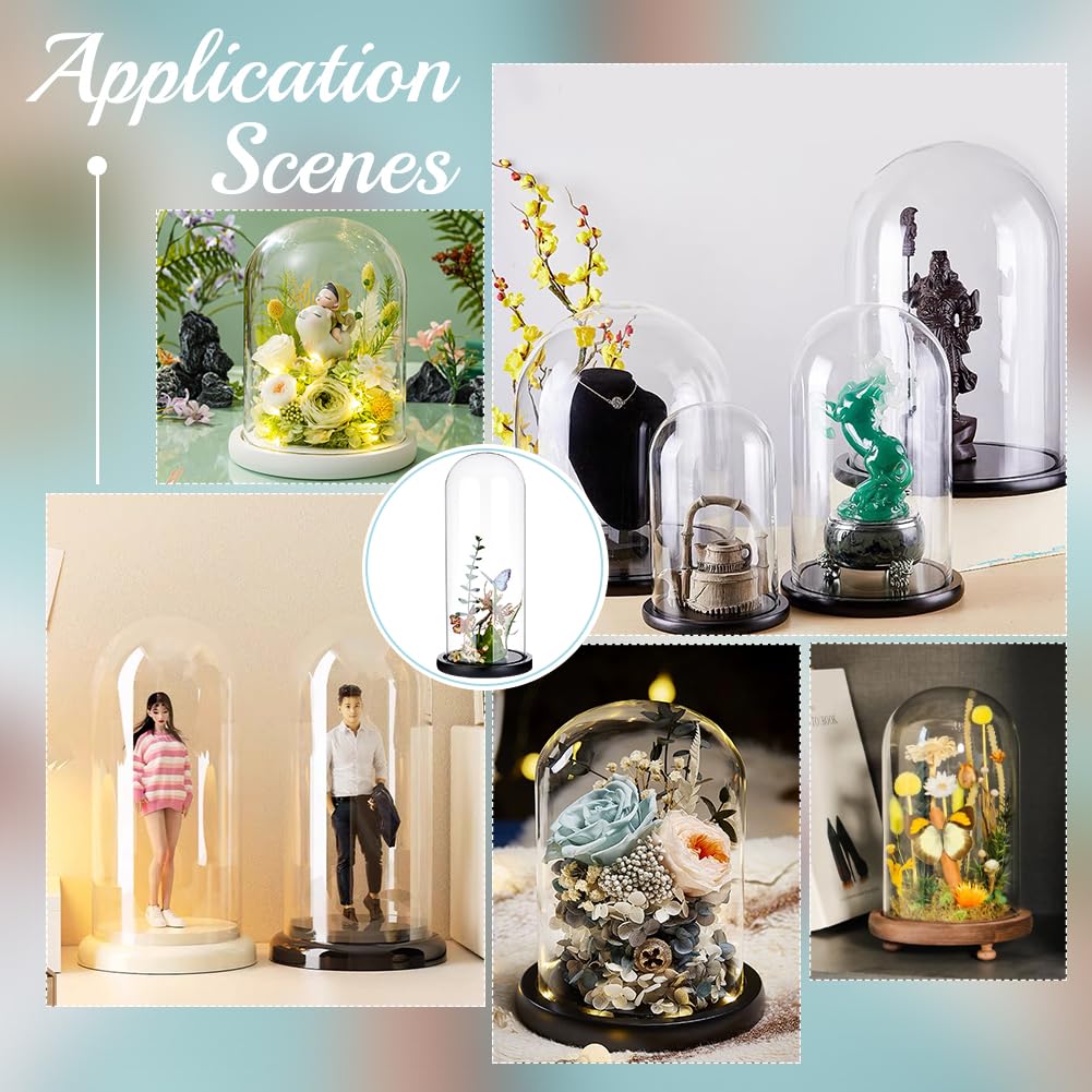 BENECREAT 4.6x12inch Eternal Transparent Flower Glass Cover, Glass Display Dome Cloche Jar with Black Solid Wood Base for DIY Flower Craft
