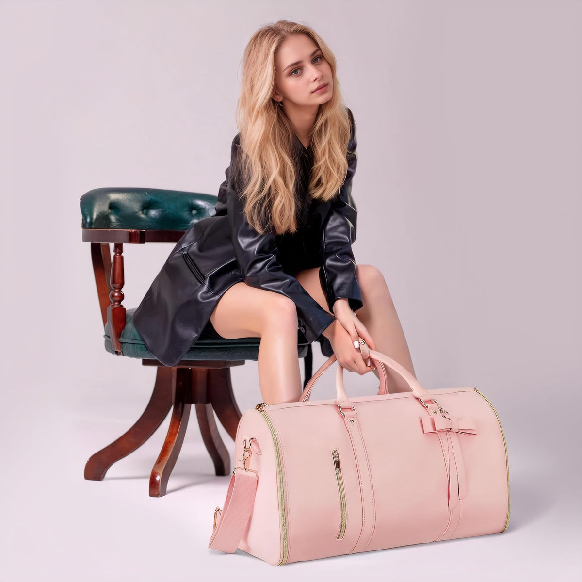 Garment Bags for Travel, Convertible Suit Travel Bag for Women, Stylish Carry On Garment Bag with Toiletry Pocket, Shoulder Strap and Shoes Compartment, 2 in 1 Foldable PU Leather Duffle Bag, Pink