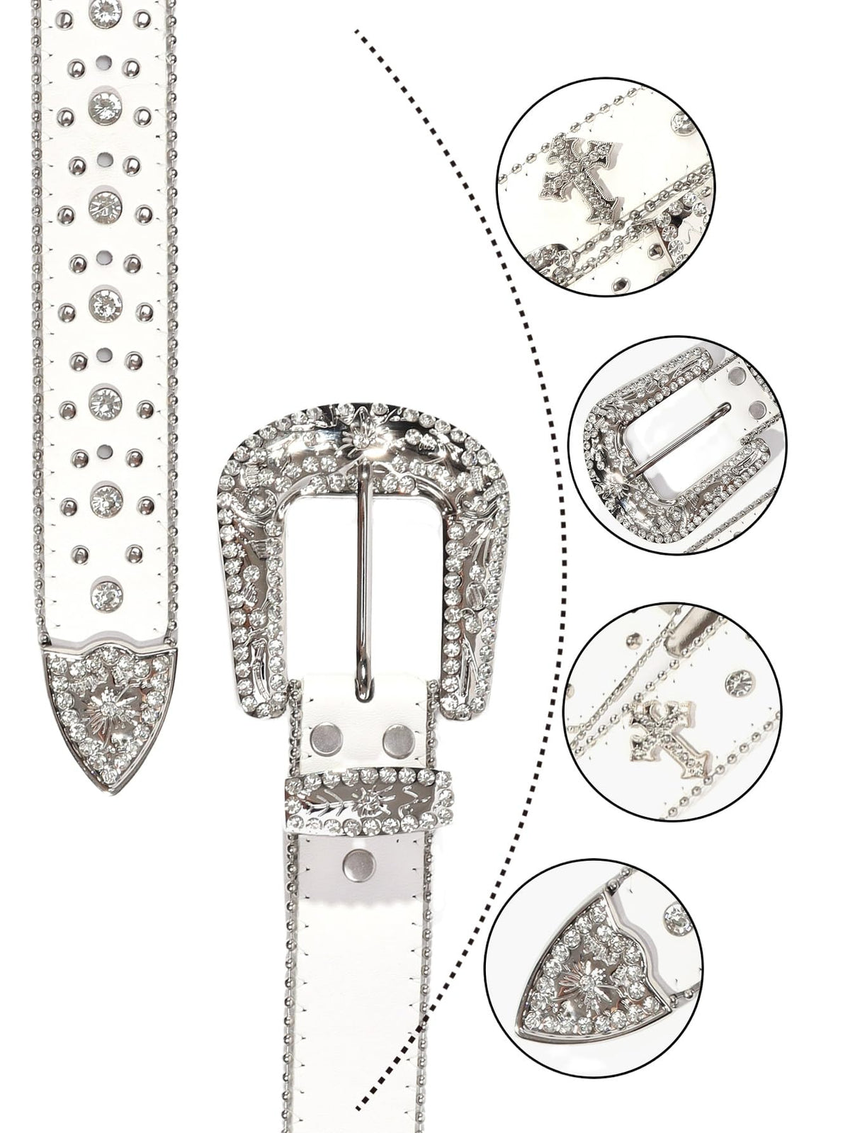 Strapvia Rhinestone Belt for Men & Women, Western Cowboy Cowgirl Belt with Bling Cross Design for Jeans (Full white, waist size 38"-41")