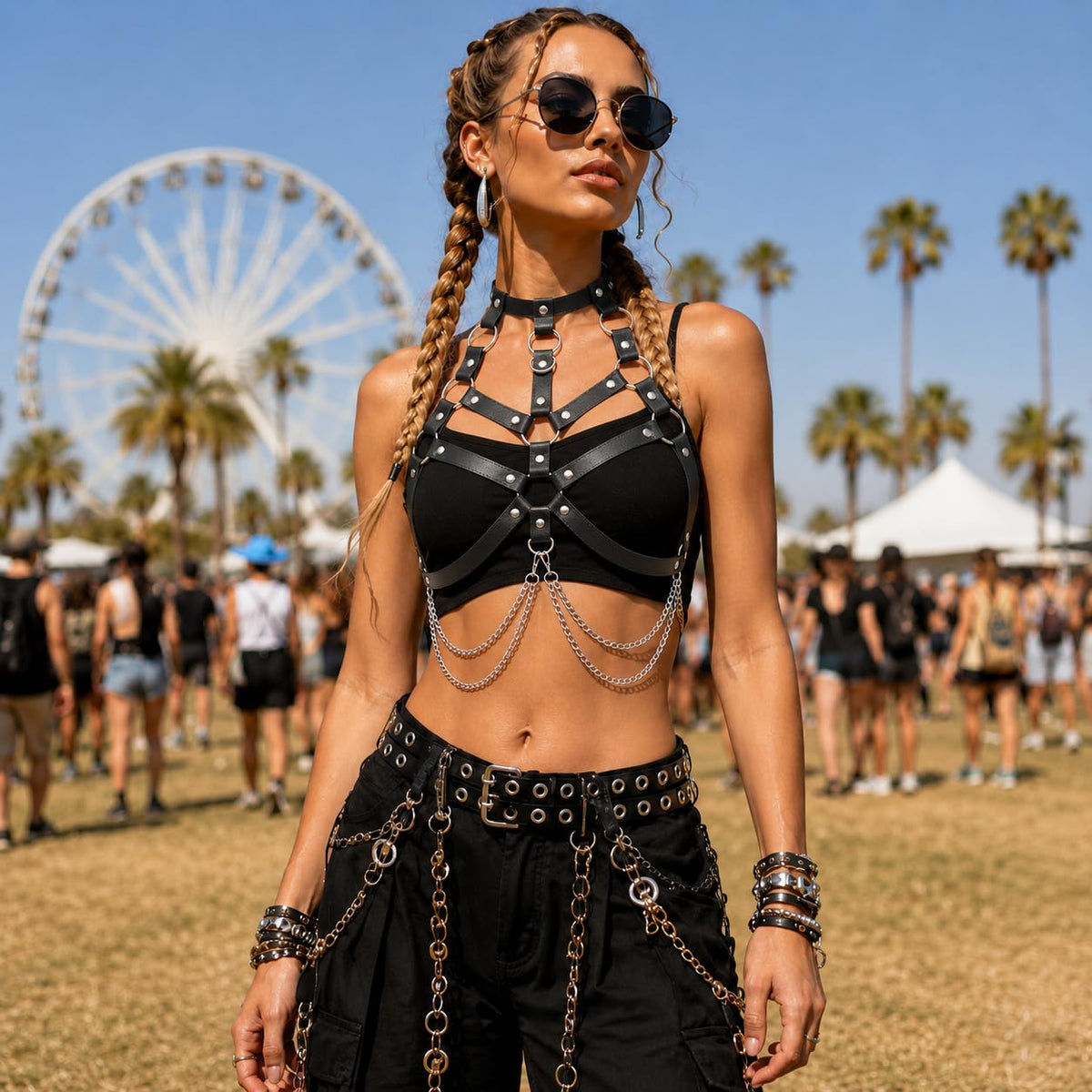 Women‘s Leather Chest Harness Top – Gothic Black Body Strap Belt, Punk Chain Harness for Festival Cosplay Rave Party Outfit