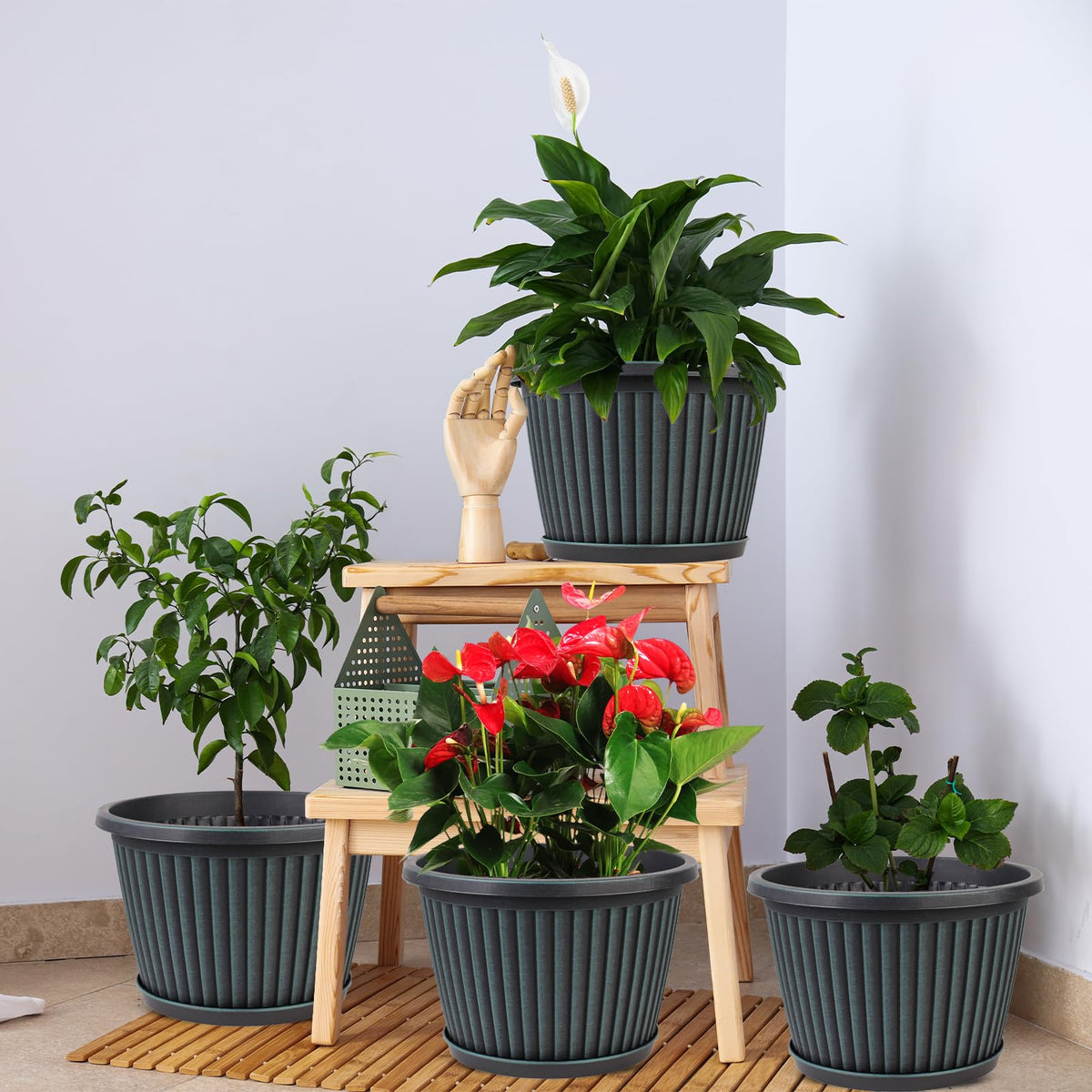 Myfeegoin Planter-Pots-for-Plants-Indoor-Outdoor, 4 Pack 10 Inch Plastic Flower Pots with Saucer & Drainage Holes, Modern Garden Planters for Planting Medium Large Plants,Decorative Resin Garden Pots