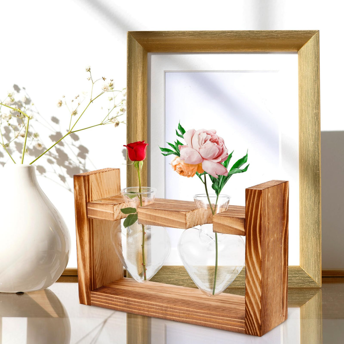 GLSTOY Glass Hydroponic Planter Vase with Wooden Stand, Heart-Shaped Glass Terrarium for Indoor Plants, Desktop Flower Pot for Home and Office Décor