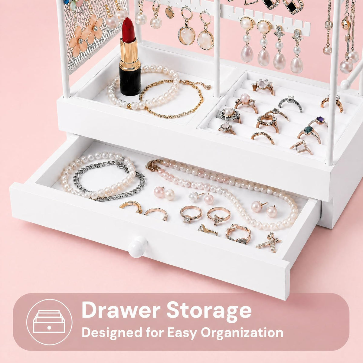 TerraKit White Vanity Jewelry Organizer Stand with Drawer, Earring Holder and Necklace Bracelet Organizer, Metal & Wood Jewelry Display Stand for Earrings, Rings, Bracelets, Dresser & Bedroom