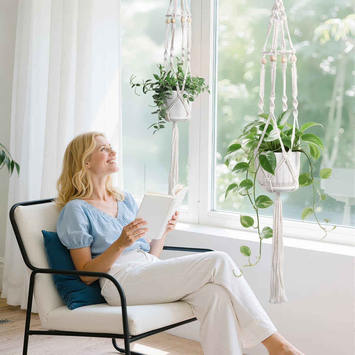 MSFON 2 Pack Macrame Plant Hanger with Grow Light: Sturdy Hanging Planters for Indoor Plants, Cute Plant Holder with Plant Light, Fits 5–9 Inch Pots (Daylight Spectrum)