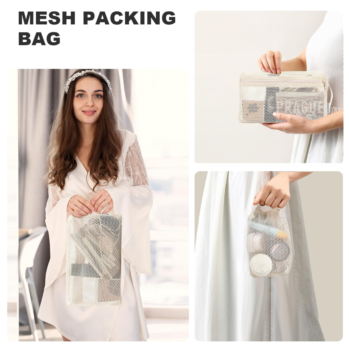 NOL Natural Organic Lifestyle 3-Pack Mesh Travel Toiletry Bags - Clear Zipper Travel Organizer, Airport Carry-On Compliant Reusable Cosmetic Makeup Bag for Women & Men (Cream)
