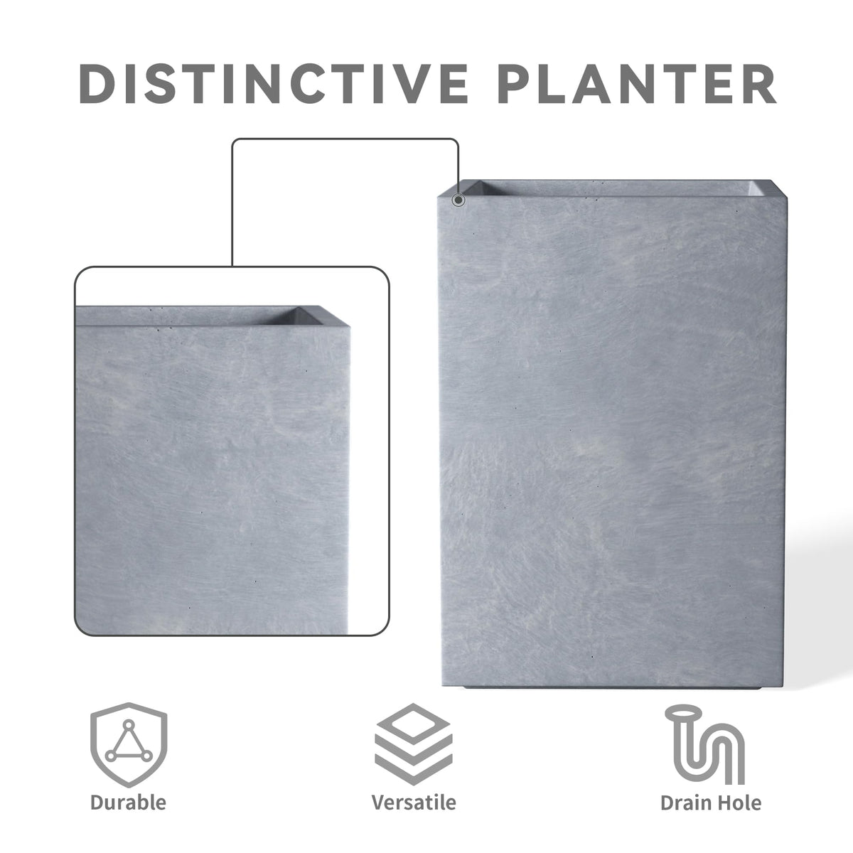Kante 18.5",15.7",12.6" H Tall Rectangular Concrete Planters Set of 3, Outdoor Indoor Lightweight Plant Pots with Drainage Hole and Rubber Plug, Modern Style for Home Garden Patio, Slate Gray