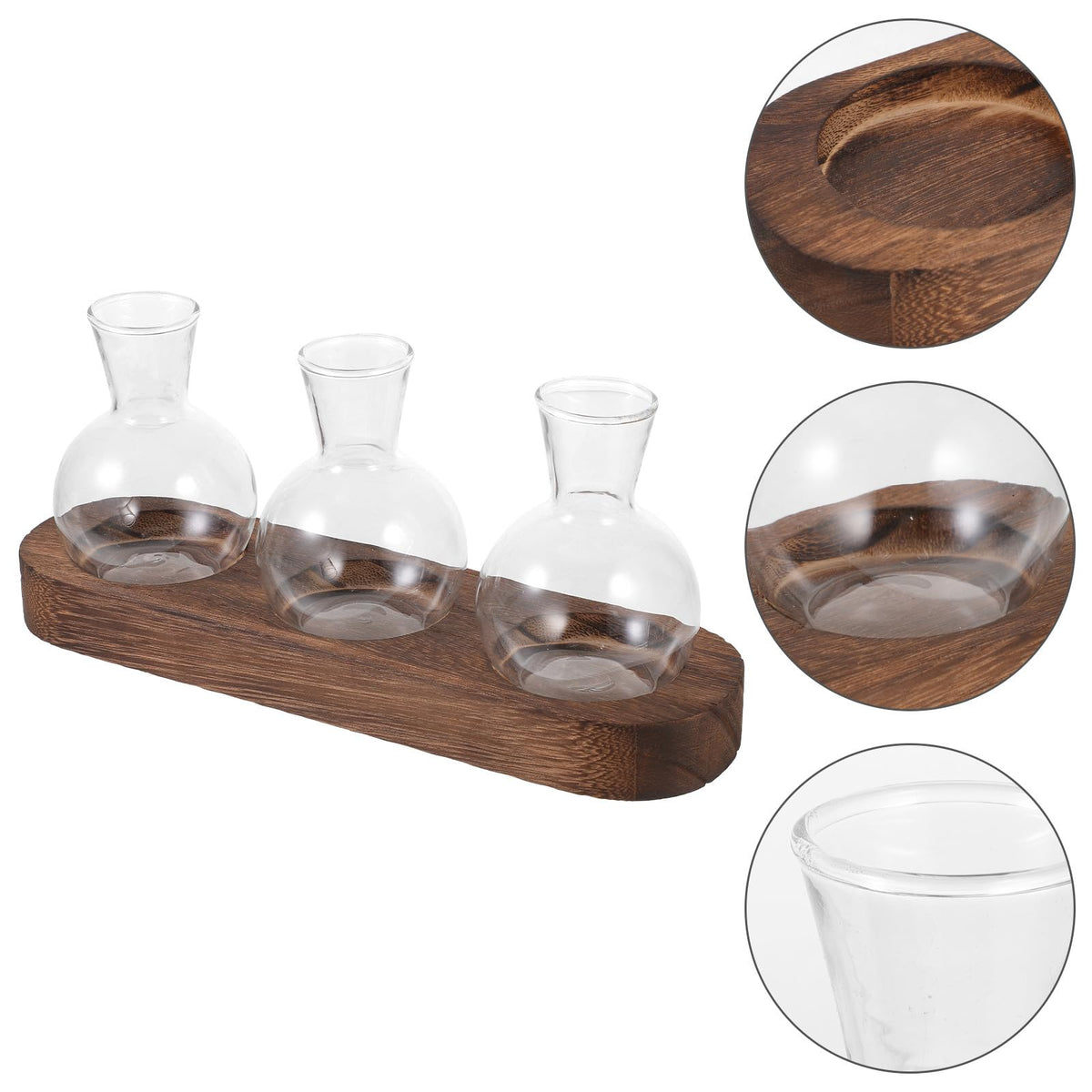 OSOLADY Decorative Glass Plant Vase Set with Wooden Base, Hydroponic Flower Planter for Office and Home Desk, 3pcs Water Cultivation Terrarium Arrangement