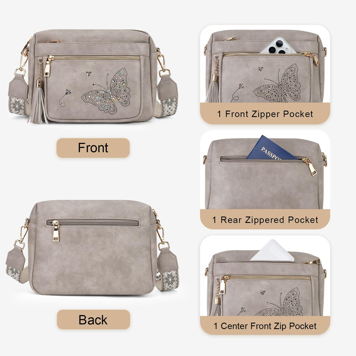 KITEVIUN Crossbody Bags for Women Trendy Leather Crossbody Purse Shoulder Handbags Butterfly Design