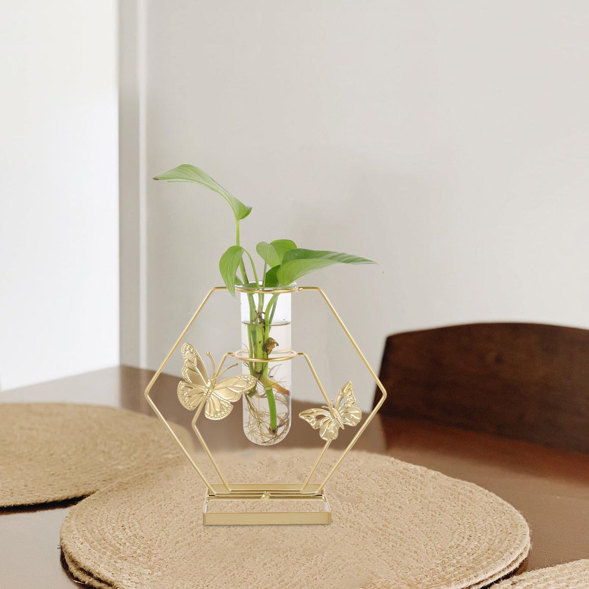 JOINPAYA Hydroponic Glass Flower Vase with Metal Hexagonal Frame, Butterfly Pattern Decorative Desktop Terrarium, Delicate Plant Holder for Home and Office Décor