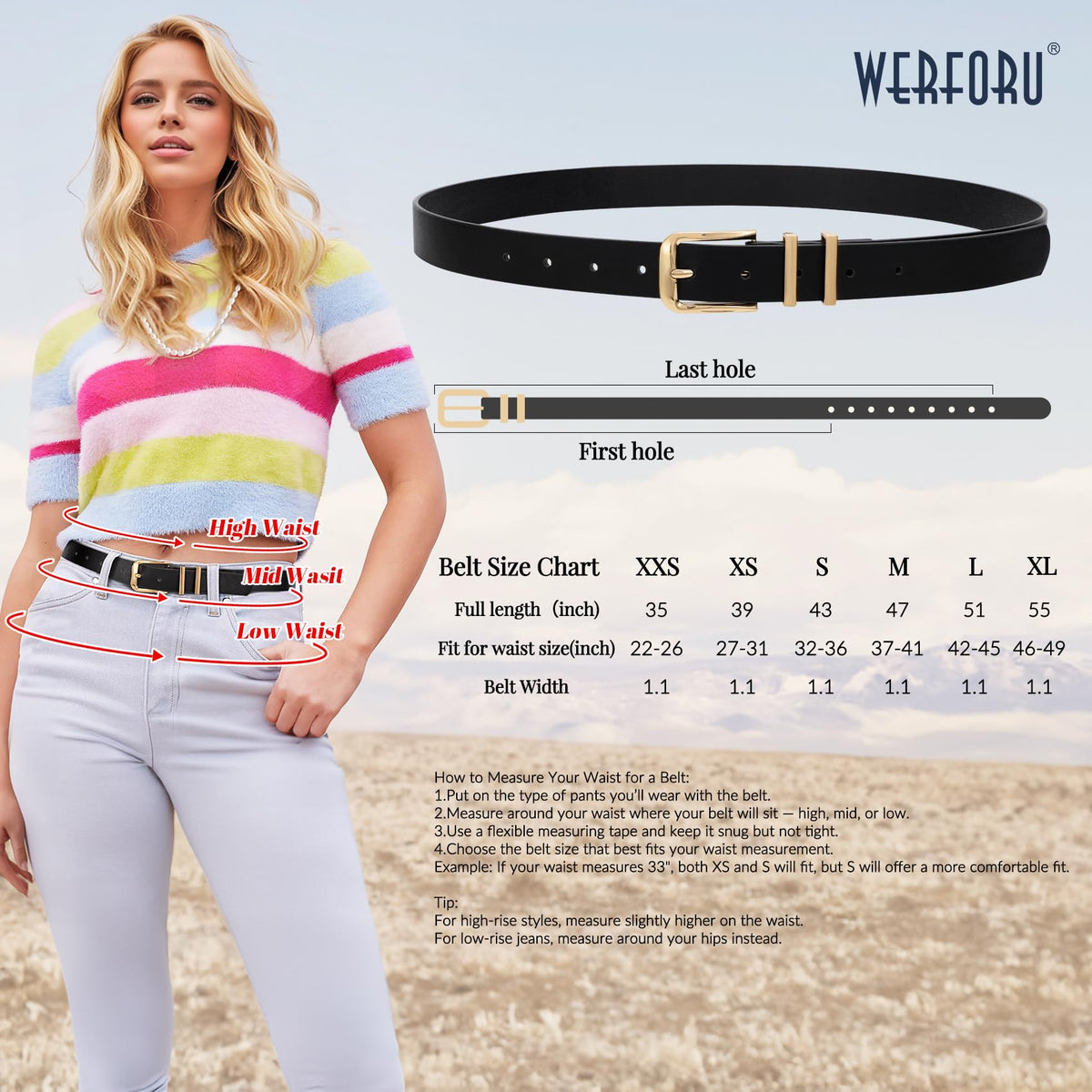 WERFORU 3 PACK Women Belt Women Fashion Leather Belts for Jeans Pants Ladies Belts with Gold Buckle,A-Black+Brown+Beige,Fit Waist Size 32-36 Inches