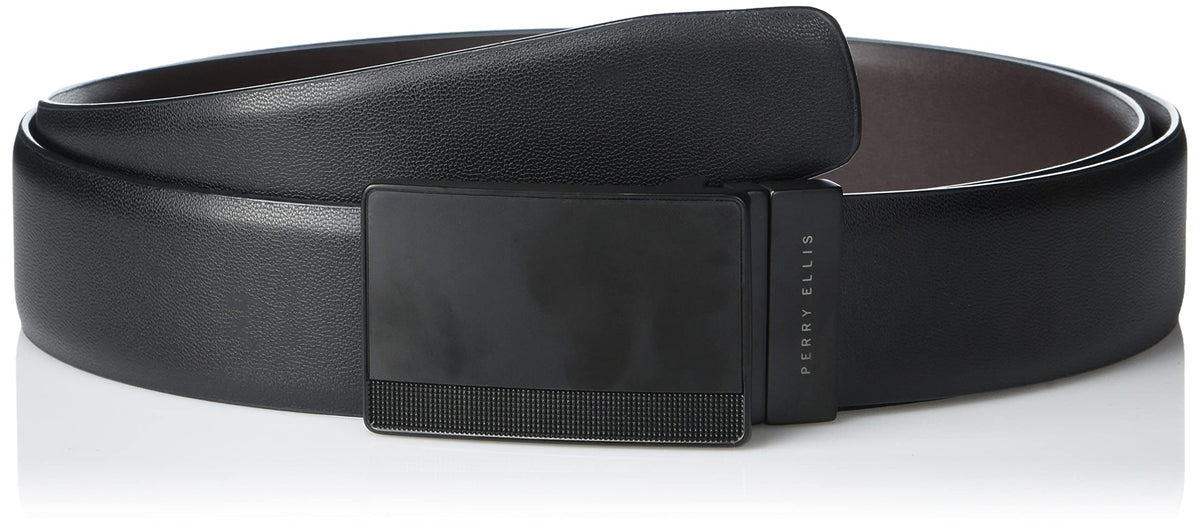 Perry Ellis Men's Reversible Leather Belt With Black Pattern Plaque, Blk20, 42