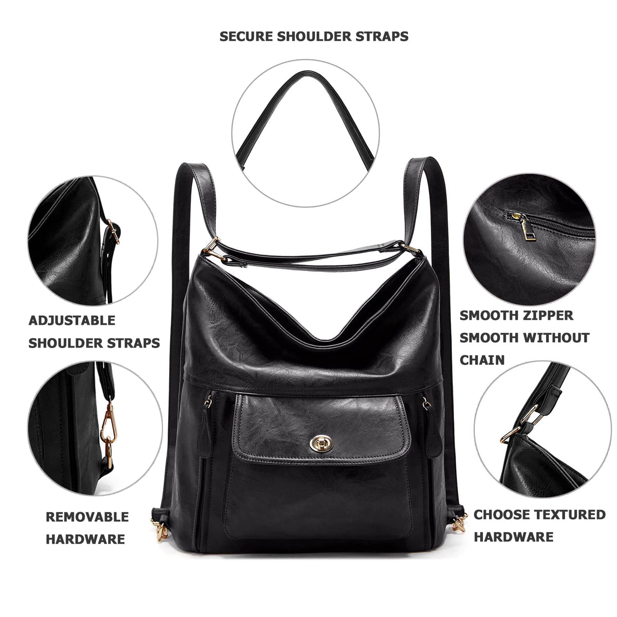 myfriday Vintage Leather Fashion Backpack Purse for Women Large Capacity Convertible Backpack Travel Daily Daypack (Black)