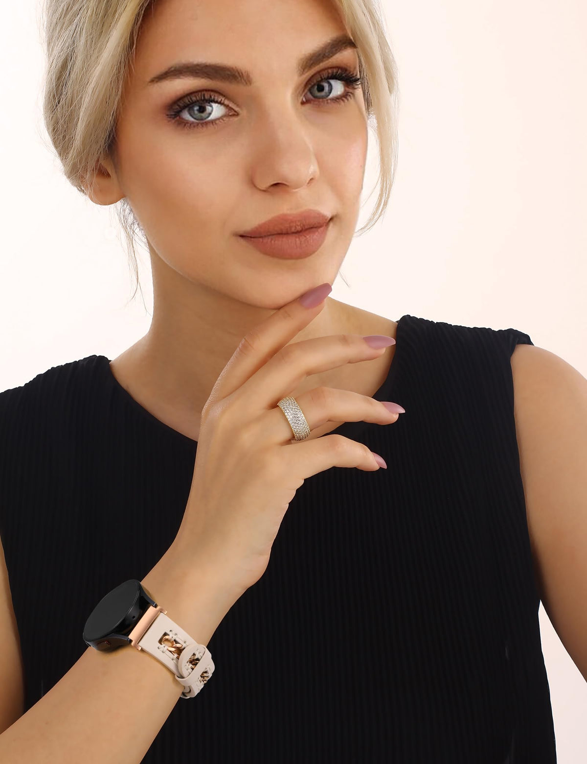 Minyee Leather Band Compatible with Samsung Galaxy Watch 7/6/5/4/FE/Active 2 40mm 44mm/Watch 6 Classic 43mm 47mm/Watch 5 Pro 45mm Bands, 20mm Dressy Leather Strap with Metal Chain, Starlight/Rose Gold