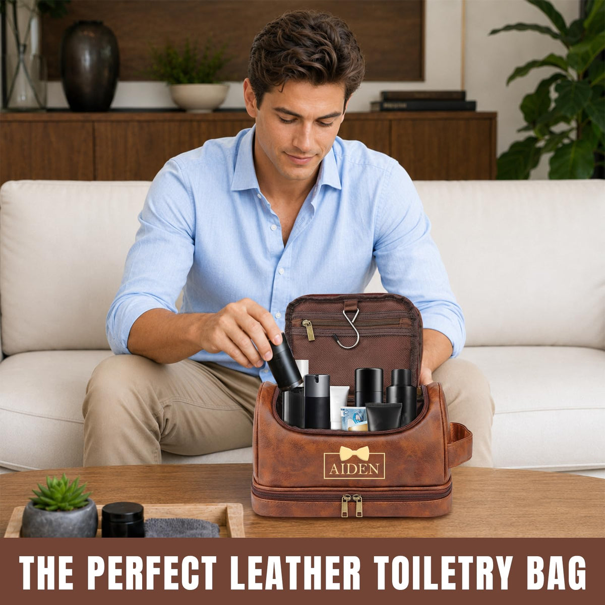 Personalized Toiletry Bag for Men, Engraved Name & Text, Father's Day Birthday Gifts for Men, Dad, Leather Men's Toiletry Bag for Traveling, Customized Birthday Gifts for Husband, Grandpa, Lover