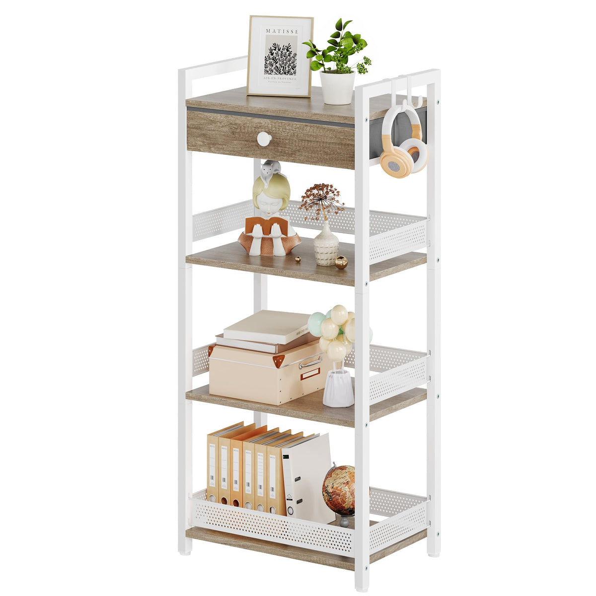 FAVOOSTY 4 Tier Ladder Shelf Stand, Bookshelf with Drawer Storage, Decorative Display Shelves Wood & Metal, Plant Shelf, Standing Shelf Unit for Living Room Bedroom Office Kitchen, White