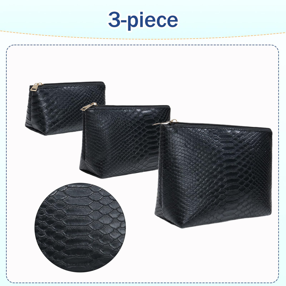 lllyan 3 Pcs Makeup Bag Set for Women Black Soft Leather Travel Cosmetic Bag Make Up Pouch Small Travel Zipper Pouch,Water-resistant Makeup Organizer Bag for Women(Black)