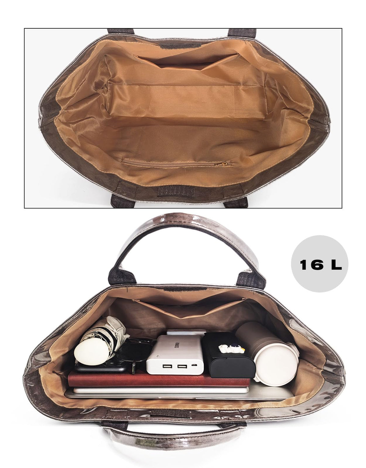 LuxMall PVC Tote Bag for Women Large Tote Purse Kraft Paper The Letters Print Bag Hobo Handbag with Top Handle for Work Travel Shopping Beach, Khaki Brown