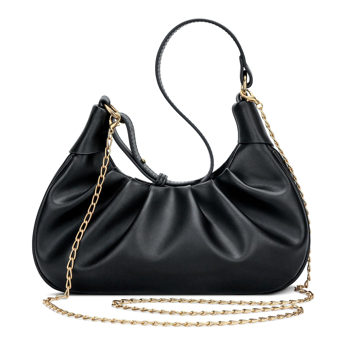 KKXIU Shoulder Bag Crescent Handbag Ruched Purse Underarm Bag Mini Hobo for Women, Detachable Gold Chain Crossbody Bag - Black