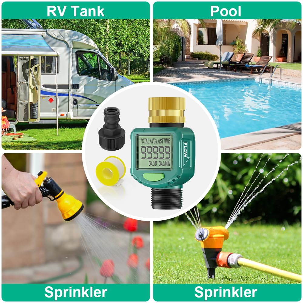 Water Flow Meter with 180ยฐ Flip Screen - ยฑ5% Accuracy, Brass Inlet, Waterproof LCD Water Meter for Outdoor Garden Hose, RV & Irrigation, Lawn Sprinkler Watering, Measure Gallon/Liter