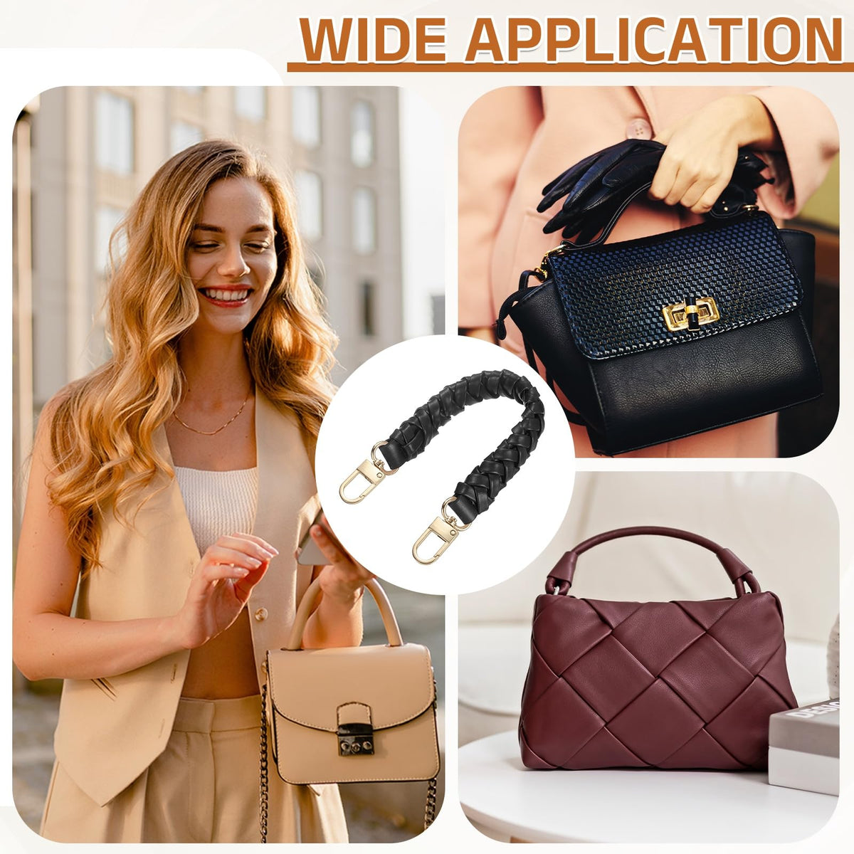 uxcell Leather Braided Purse Handle, 1Pc 31mm/12.2" Short Black Leather PU Braided Purse Strap Replacement Handle with Gold Buckles for Underarm Bags, Handbags, Bucket Bags
