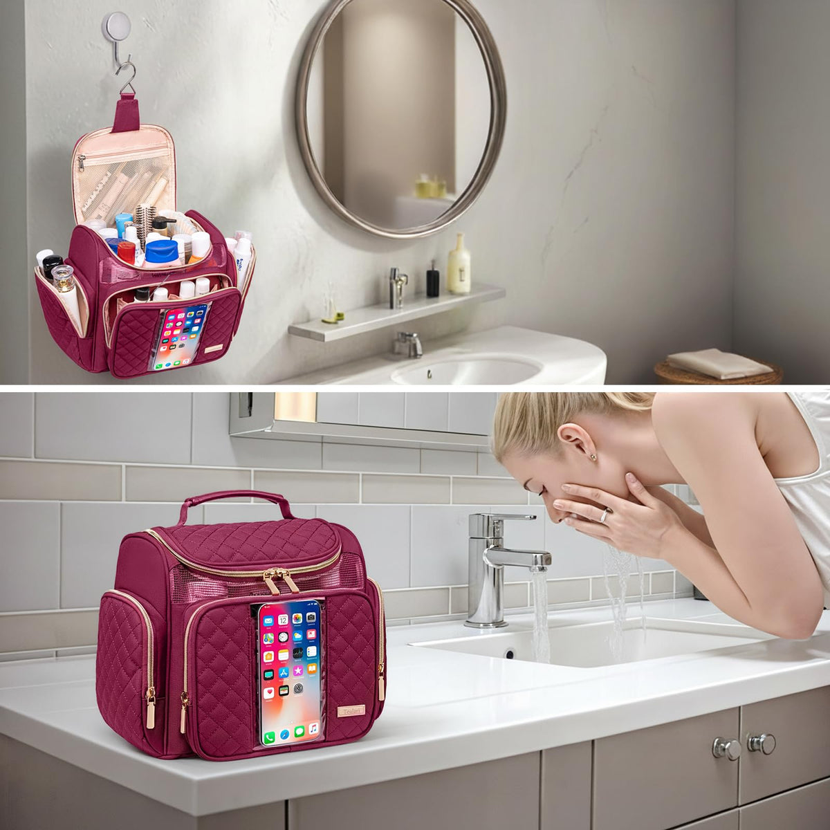 Tealari Large Toiletry Bag for Women Men,Bathroom Bag,Water Resistant Shower Bag,Makeup Bag,Portable Shower Caddy for College Dorm,Hanging Travel Toiletry Bag with Transparent Waterproof Phone Pocket