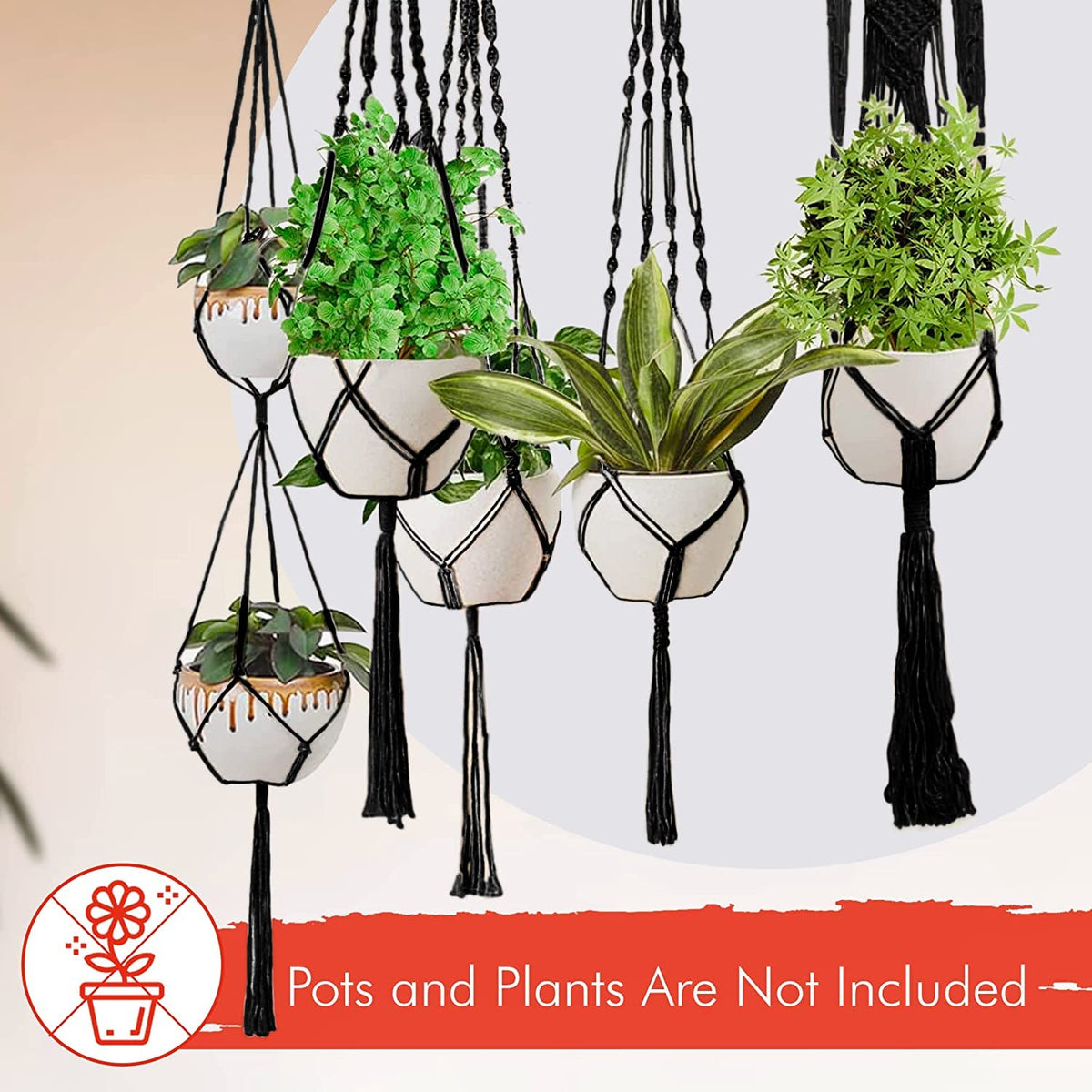Feedee Macrame Plant Hangers - 6 Pack, Black, Indoor/Outdoor, Cotton