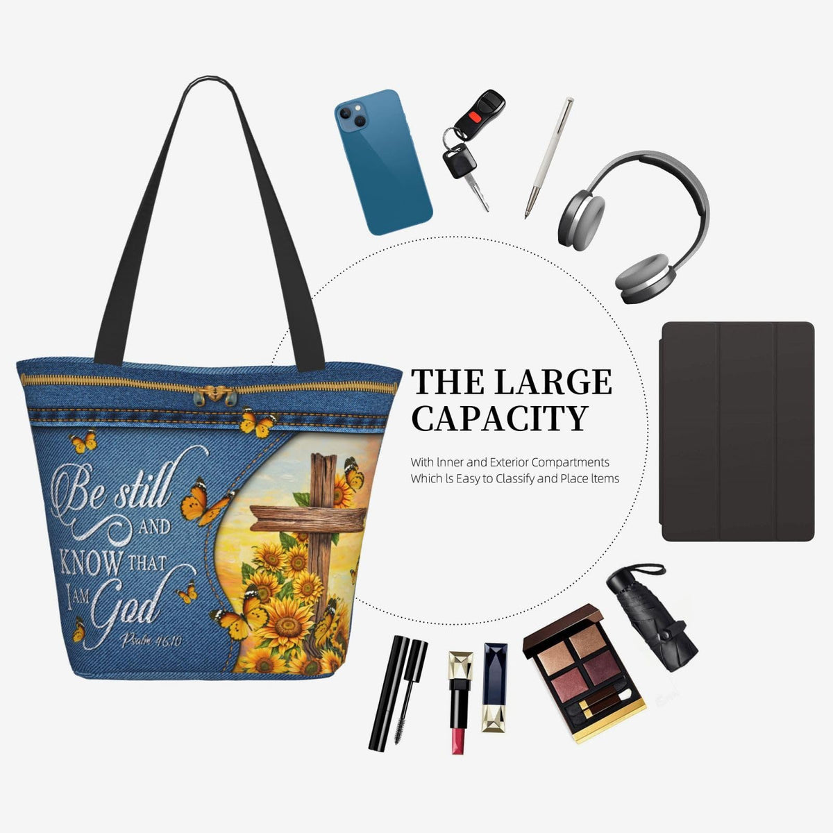 Sunflower Butterfly And Cross Bible Print Tote Bag Christian Gift Bible Women'S Handbag Christian Gifts Zippered Inspirational Tote Bags For Women Bible Verse Shoulder Bag Art Tote For Fit Work