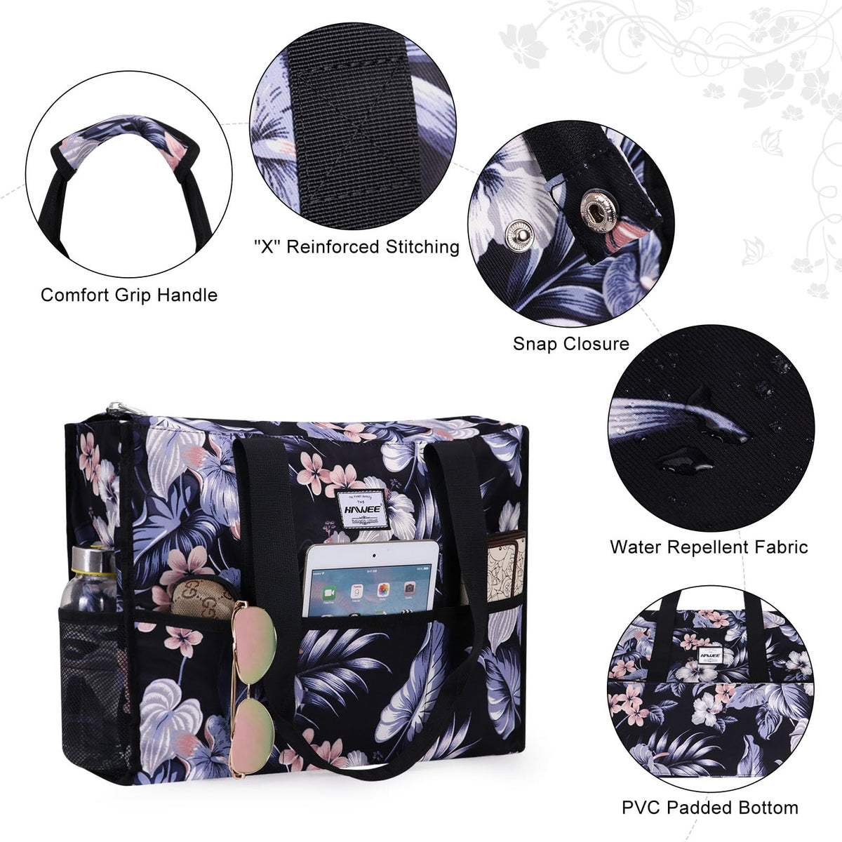 HAWEE Utility Zippered Tote Bag with Laptop Compartment and Luggage Sleeve for Nursing Work Travel 15 Pockets Water Repellent Commuter Bag, Hibiscus