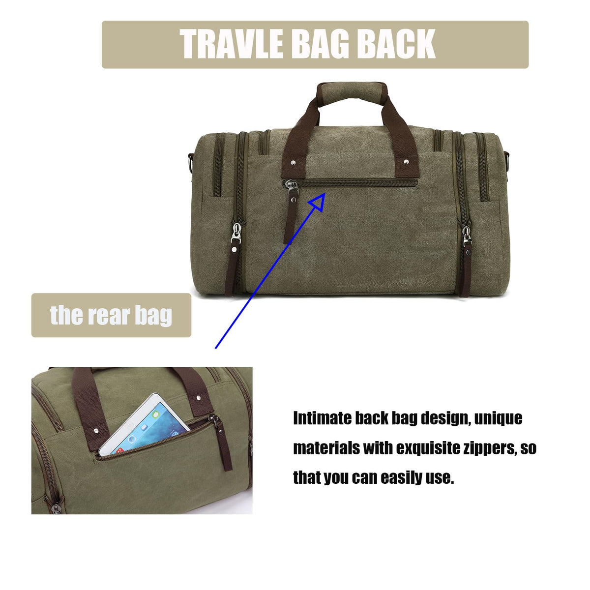 Travel bag large capacity men's luggage bag, expandable canvas leather 55 liters large capacity weekend hiking waterproof(green)