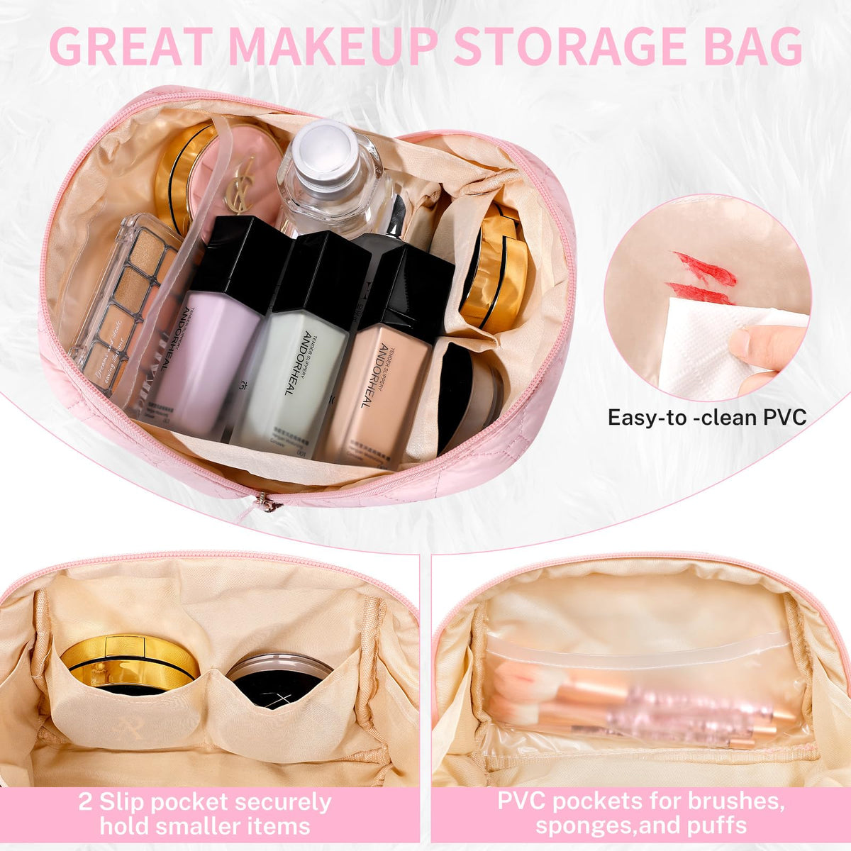 senbowe Small Makeup Bag,Travel Cosmetic Bag, Pink Puffy Padded Make Up Bag for Women, Wide-open Cute Makeup Bag Pouch Purse, Quilted Toiletry Makeup Organizer Bag with PVC Pockets,Travel Essentials